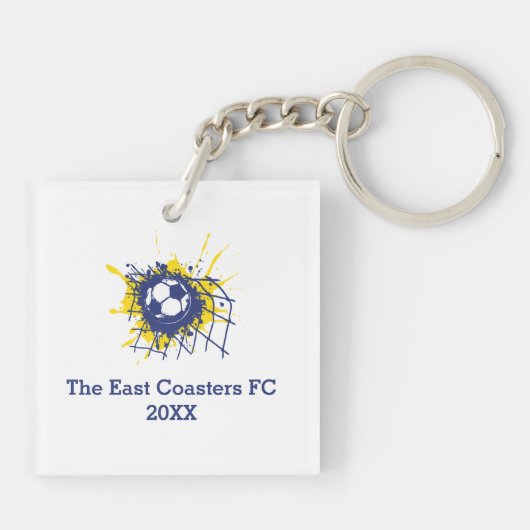 サッカーパーソナライズされたの守備男子ブルーチーム キーホルダー (裏面)