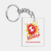 サッカーパーソナライズされたの守備男子レッドチーム キーホルダー (正面左)