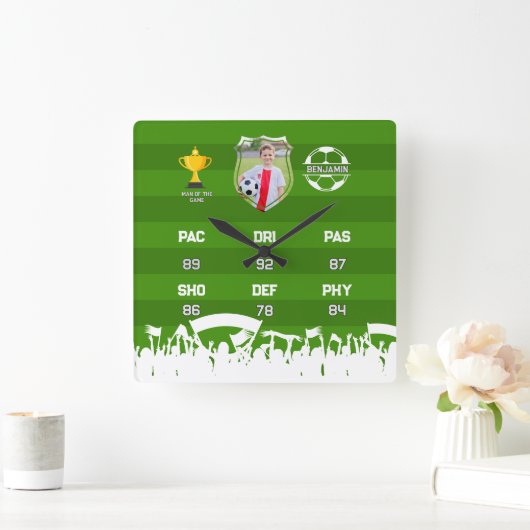 サッカーパーソナライズされたギフト子供へ、カスタムフットカード スクエア壁時計 (ホーム)