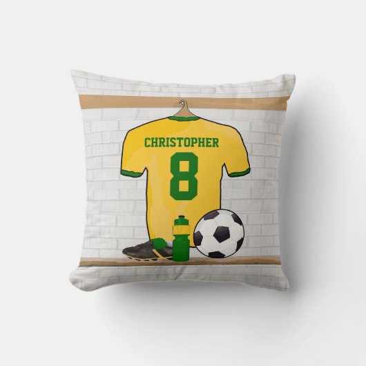 サッカーパーソナライズされたジャージイエローグリーン クッション (正面)