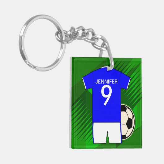 サッカーパーソナライズされたジャージーブルーとホワイト キーホルダー (正面左)