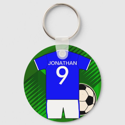 サッカーパーソナライズされたジャージーブルーとホワイト キーホルダー (正面)
