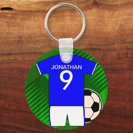 サッカーパーソナライズされたジャージーブルーとホワイト キーホルダー (正面)