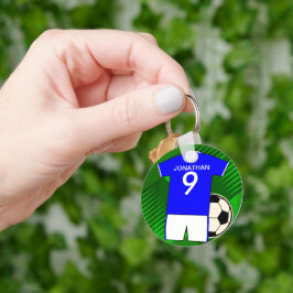 サッカーパーソナライズされたジャージーブルーとホワイト キーホルダー