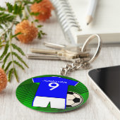 サッカーパーソナライズされたジャージーブルーとホワイト キーホルダー (側面)