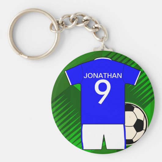 サッカーパーソナライズされたジャージーブルーとホワイト キーホルダー (正面)