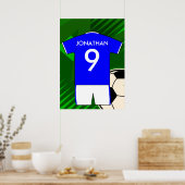 サッカーパーソナライズされたジャージーブルーとホワイト ポスター (キッチン)