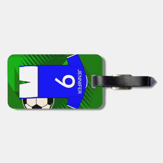 サッカーパーソナライズされたジャージーブルーとホワイト ラゲッジタグ (裏面横)