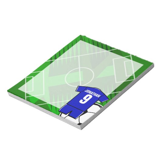 サッカーパーソナライズされたジャージーブルーと白 ノートパッド (回転)