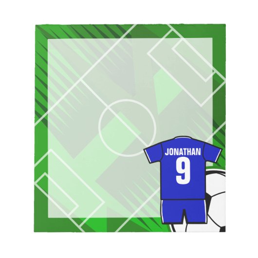 サッカーパーソナライズされたジャージーブルーと白 ノートパッド (正面)