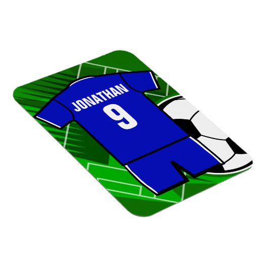 サッカーパーソナライズされたジャージーブルーと白 マグネット (右側)