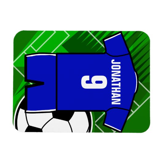 サッカーパーソナライズされたジャージーブルーと白 マグネット (横)