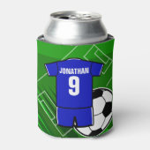 サッカーパーソナライズされたジャージーブルーと白 缶クーラー (缶正面)
