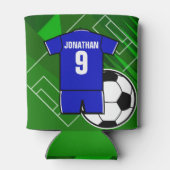 サッカーパーソナライズされたジャージーブルーと白 缶クーラー (裏面)