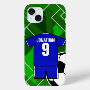 サッカーパーソナライズされたジャージーブルーと白 iPhone 15 MINIケース