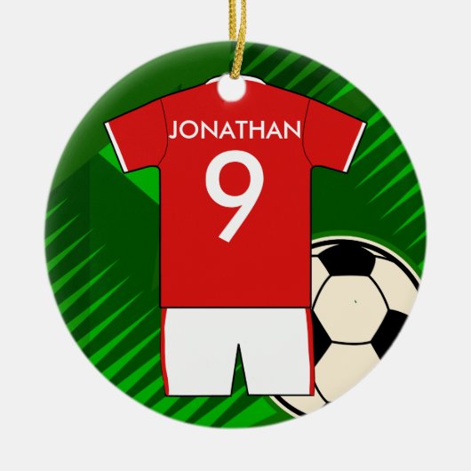 サッカーパーソナライズされたジャージ赤と白ー セラミックオーナメント (正面)
