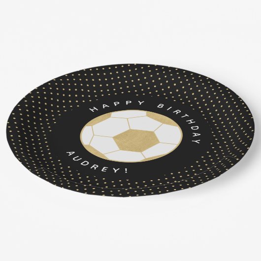 サッカーパーソナライズされたパーティー名黒金ゴールド ペーパープレート (アングル)