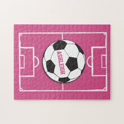サッカーパーソナライズされたボールとフィールドピンク ジグソーパズル (横)
