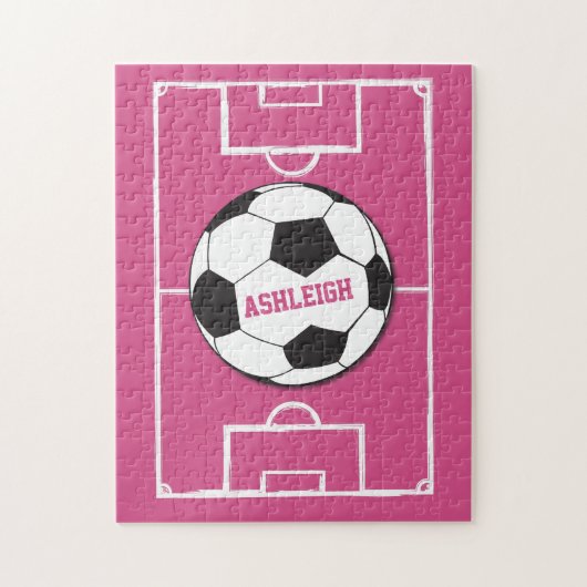 サッカーパーソナライズされたボールとフィールドピンク ジグソーパズル (縦)