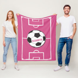 サッカーパーソナライズされたボールとフィールドピンク フリースブランケット