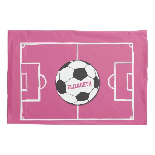 サッカーパーソナライズされたボールとフィールドピンク 枕カバー (裏面)