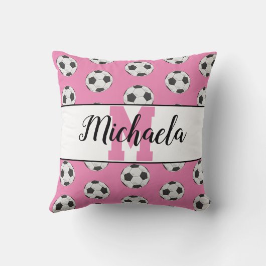 サッカーパーソナライズされたボールのモノグラム名ピンク クッション (裏面)