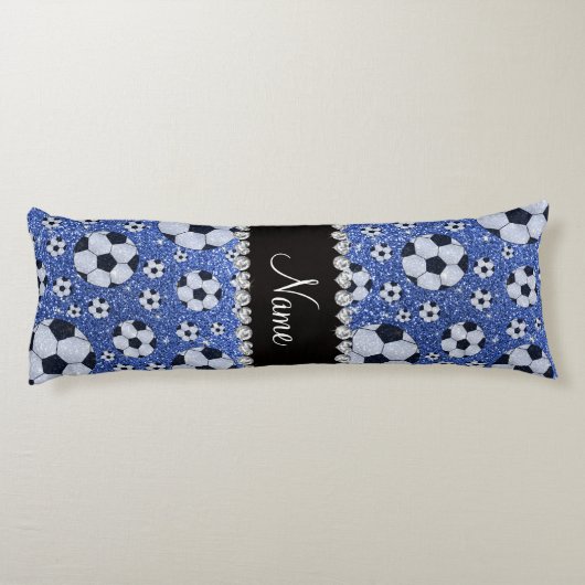 サッカーパーソナライズされたボールの名前を青グリッター ボディピロー (裏面)