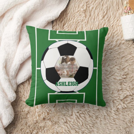サッカーパーソナライズされたボール及びフィールド写真テンプレート クッション (ブランケット)