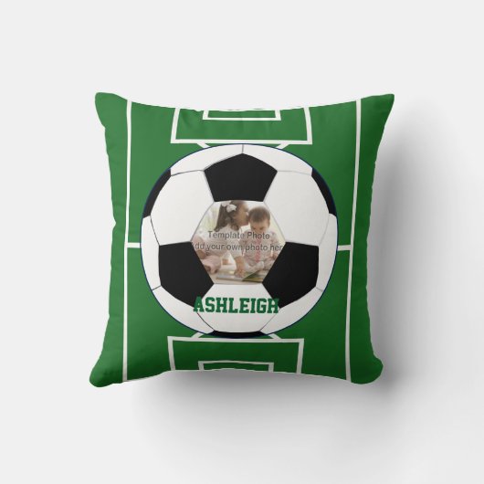 サッカーパーソナライズされたボール及びフィールド写真テンプレート クッション (裏面)