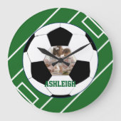 サッカーパーソナライズされたボール及びフィールド写真テンプレート ラージ壁時計 (正面)