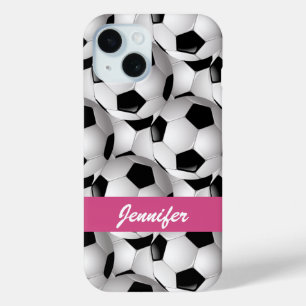 サッカーパーソナライズされたボール柄ピンク iPhone 15ケース