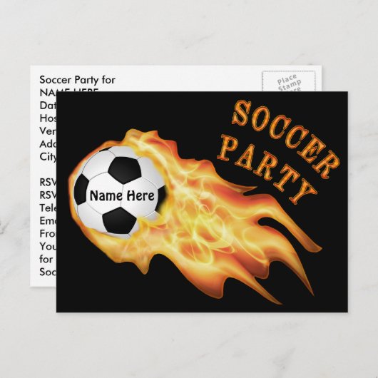 サッカーパーソナライズされた招待状、あなたのテキスト、色 インビテーションポストカード (正面/裏面)