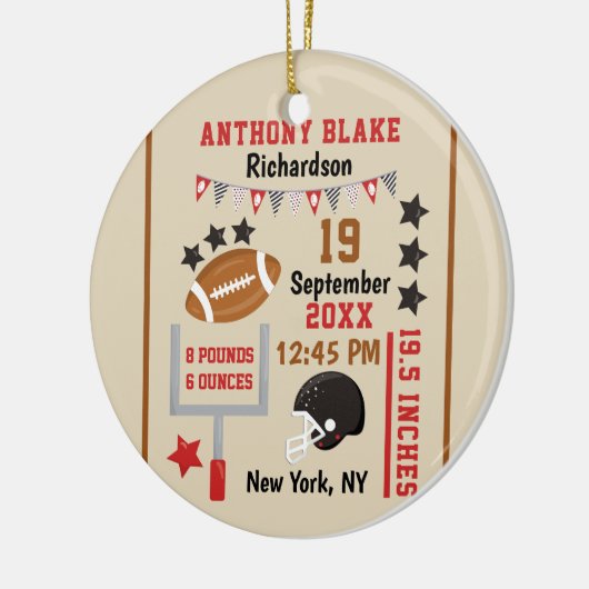 サッカーパーソナライズされた男の赤ちゃん誕生統計の写真 セラミックオーナメント (左)