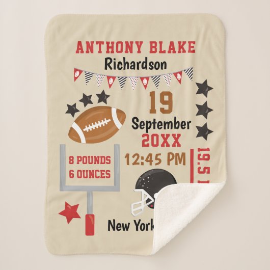 サッカーパーソナライズされた男の赤ちゃん誕生統計レコード シェルパブランケット (正面)
