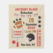 サッカーパーソナライズされた男の赤ちゃん誕生統計レコード フリースブランケット (正面)