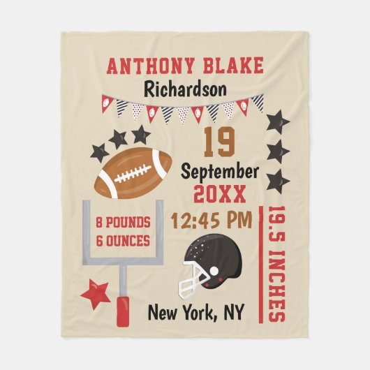 サッカーパーソナライズされた男の赤ちゃん誕生統計レコード フリースブランケット (正面)