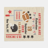 サッカーパーソナライズされた男の赤ちゃん誕生統計レコード フリースブランケット (正面(横))