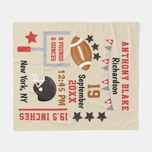 サッカーパーソナライズされた男の赤ちゃん誕生統計レコード フリースブランケット (正面(横))