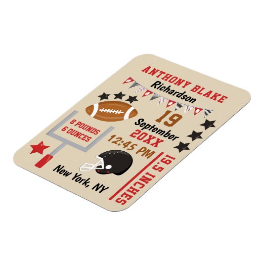 サッカーパーソナライズされた男の赤ちゃん誕生統計レコード マグネット (左側)