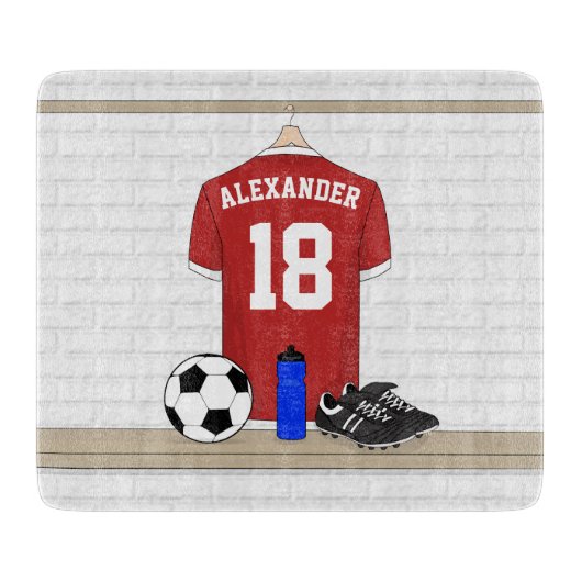 サッカーパーソナライズされた赤と白ジャージー カッティングボード (正面)
