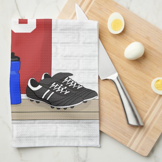 サッカーパーソナライズされた赤と白ジャージー キッチンタオル (四つ折り)