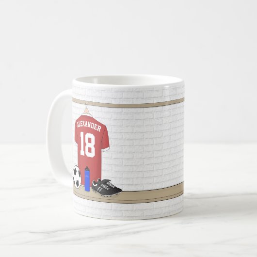 サッカーパーソナライズされた赤と白ジャージー コーヒーマグカップ (正面左)
