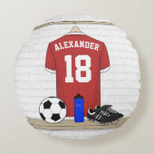 サッカーパーソナライズされた赤と白ジャージー ラウンドクッション (正面)
