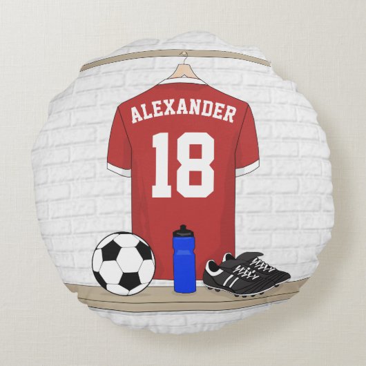 サッカーパーソナライズされた赤と白ジャージー ラウンドクッション (裏面)