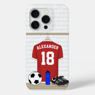 サッカーパーソナライズされた赤と白ジャージー iPhone 15 PROケース