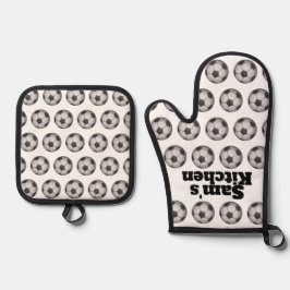 サッカーパーソナライズされた 鍋つかみ&鍋敷きセット