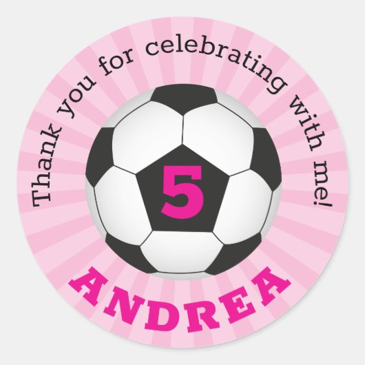 サッカーパーティーありがとう丸いステッカーピンク ラウンドシール (正面)