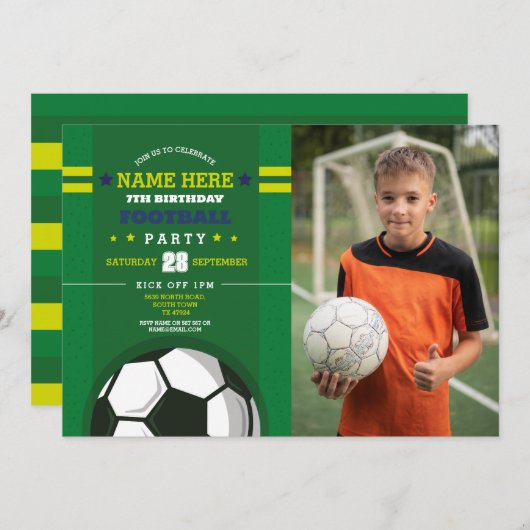 サッカーパーティー招待状誕生日ボーイズ写真 招待状 (正面/裏面)