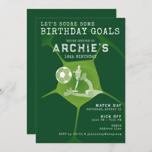 サッカーパーティー試合日ピッチ任意の年齢スポーツ誕生日 招待状 (正面/裏面)