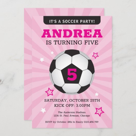 サッカーパーティー誕生日招待状ピンク 招待状 (正面/裏面)